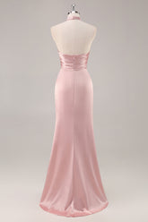 Blush Langes Hochgeschlossenes Brautjungfernkleid aus Satin mit Rüschen und Schlitz